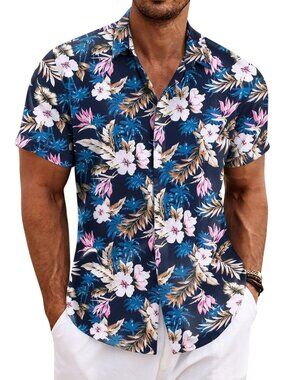 Men's Blue Floral Classic Beach Linen  Sleeve Casual Imported Button Down Shirt